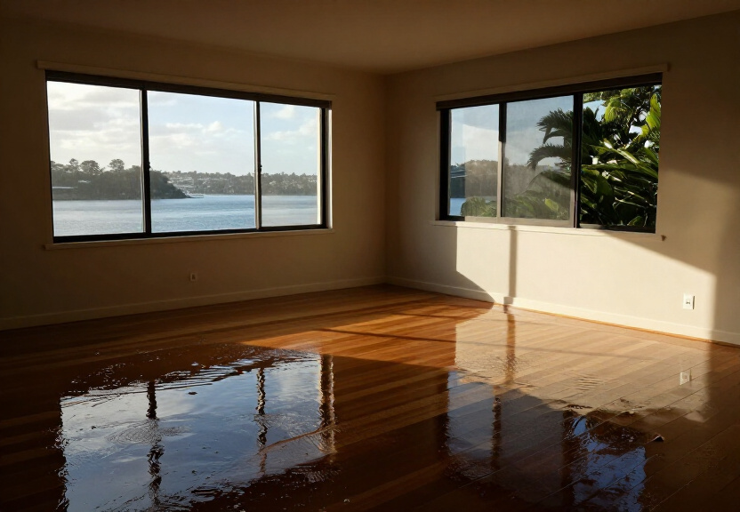 Flood-damaged living room in Paradise Beach before restoration